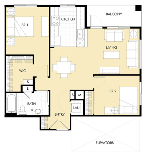 Floor plan for 2 beds, 1 bath